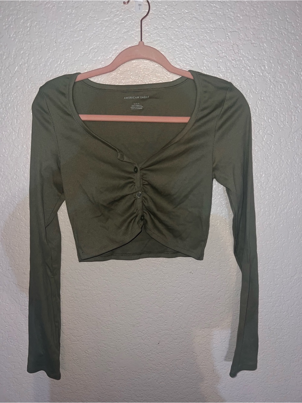 American Eagle Outfitters Olive Green Long Sleeve Ruched Button Crop Top